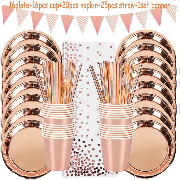 Rose Gold Birthday Decorations Disposable Tableware Set Paper Cup Adult Wedding Birthday Party Decorations Kids Babyshower Girl - www.leggybuddy.com