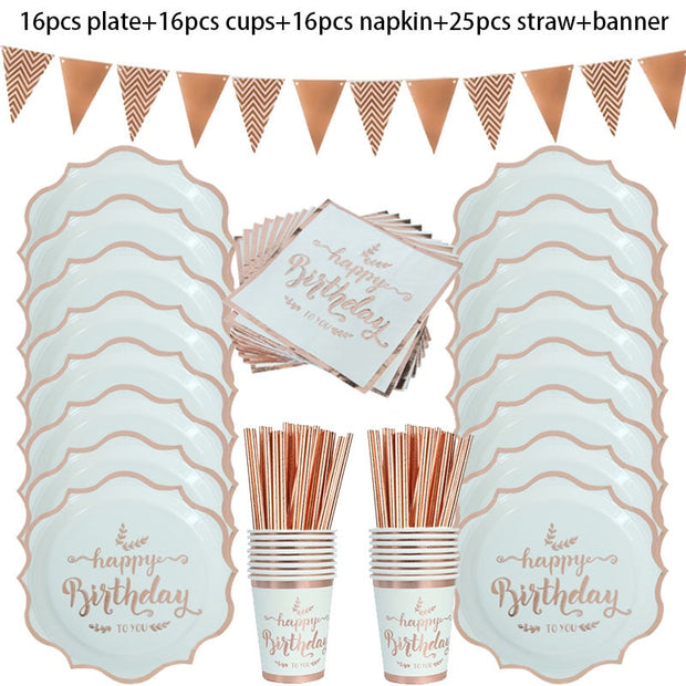 Rose Gold Birthday Decorations Disposable Tableware Set Paper Cup Adult Wedding Birthday Party Decorations Kids Babyshower Girl - www.leggybuddy.com