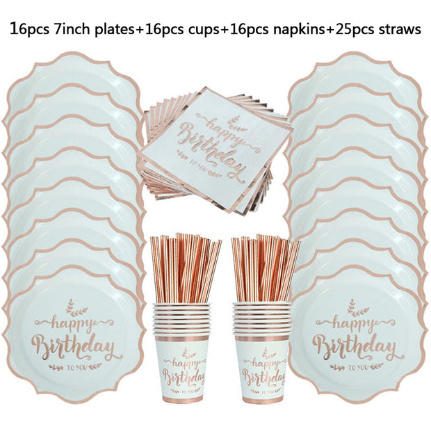 Rose Gold Birthday Decorations Disposable Tableware Set Paper Cup Adult Wedding Birthday Party Decorations Kids Babyshower Girl - www.leggybuddy.com