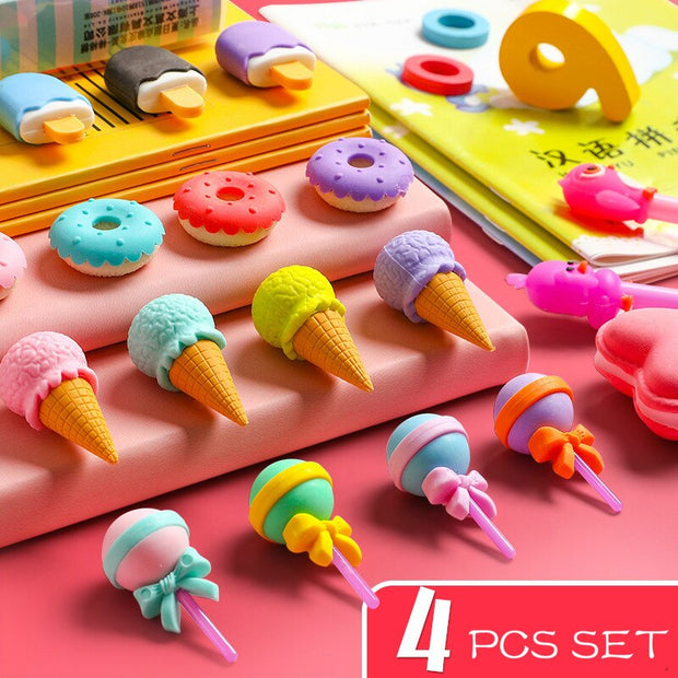 4pcs Cartoon Novetly Ice Cream Hamburger Lollipop Detachable Rubber Eraser School Student Correction Eraser Tool Stationery - www.leggybuddy.com