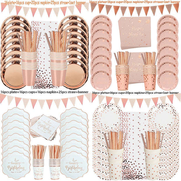 Rose Gold Birthday Decorations Disposable Tableware Set Paper Cup Adult Wedding Birthday Party Decorations Kids Babyshower Girl - www.leggybuddy.com