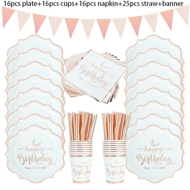 Rose Gold Birthday Decorations Disposable Tableware Set Paper Cup Adult Wedding Birthday Party Decorations Kids Babyshower Girl - www.leggybuddy.com